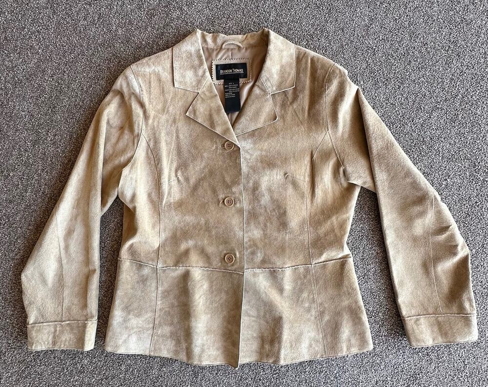 Brandon Thomas Women’s Tan Suede Leather Jacket Blazer Size L Button Front